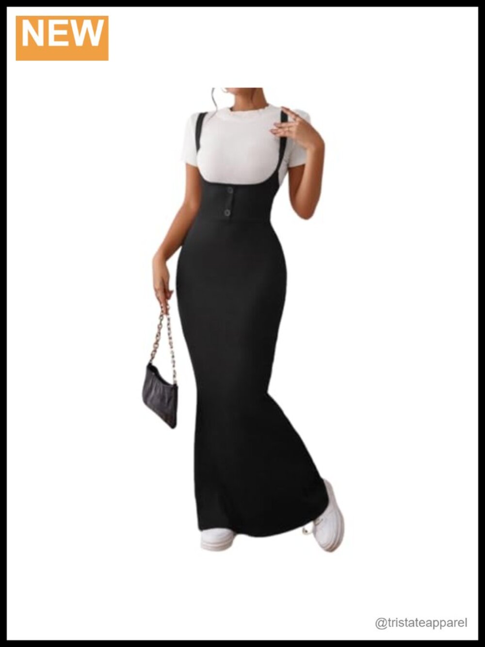 Ribbed Overall Maxi Suspender Dress Bodycon High Waist Adjustable Straps